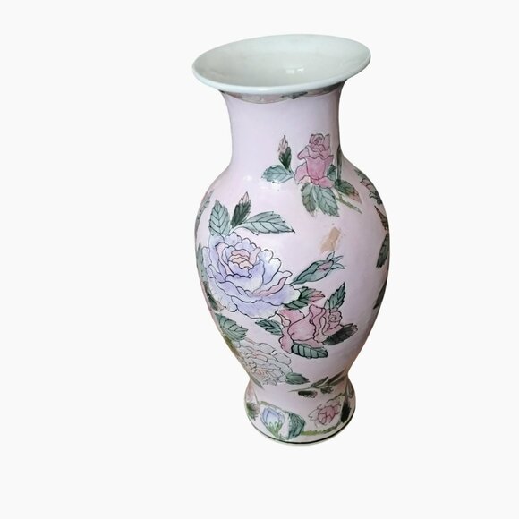 Vintage Toyo Porcelain Famille Rose Vase, Pink Embossed Floral Flowers Macau 10" - Picture 2 of 9